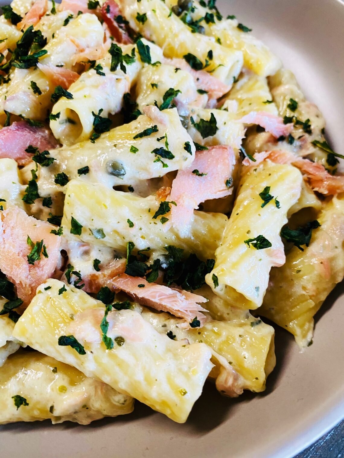 Salmon Pasta with Pesto Cream Sauce