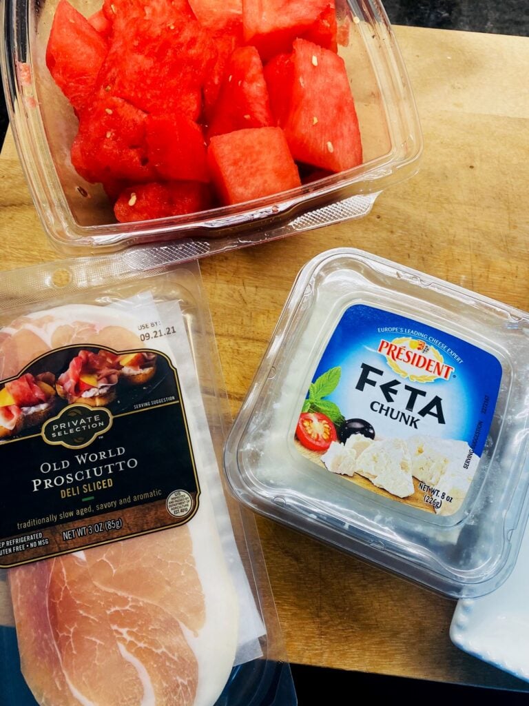 watermelon, feta, and ham before making the bites