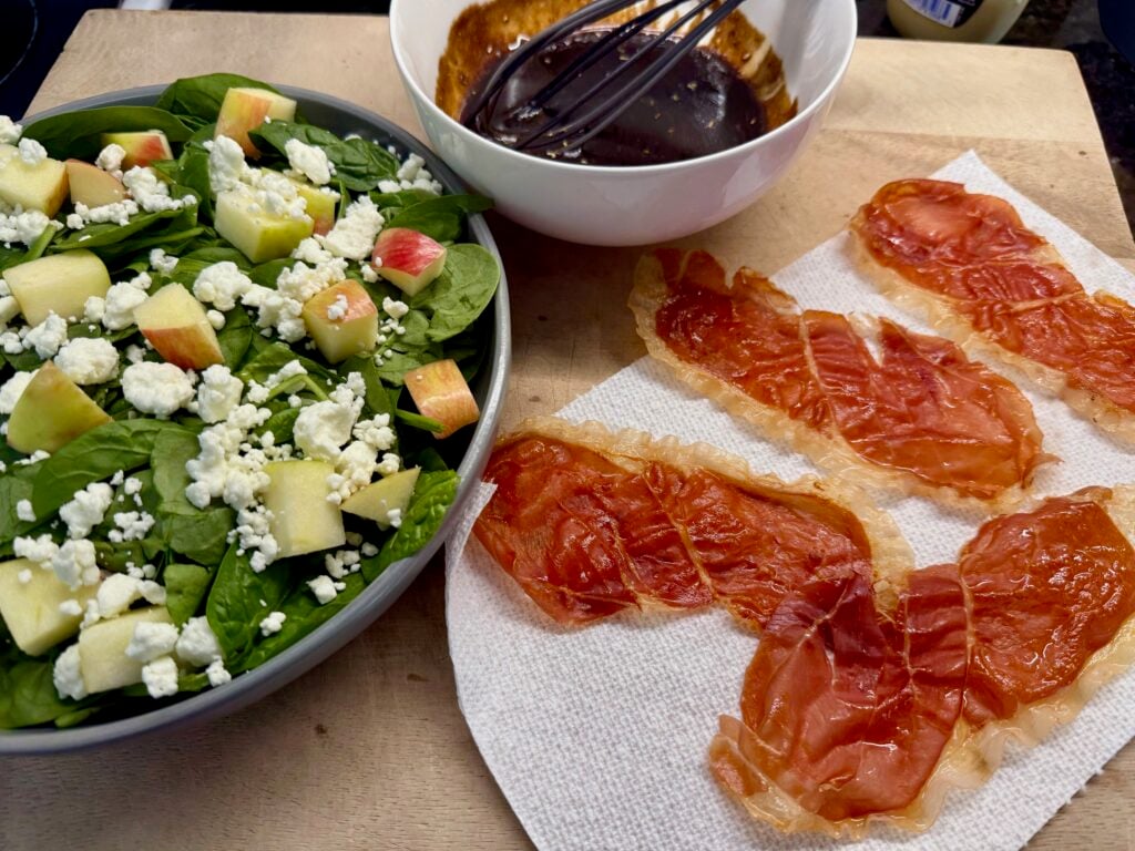assembling the Apple Prosciutto Spinach Salads