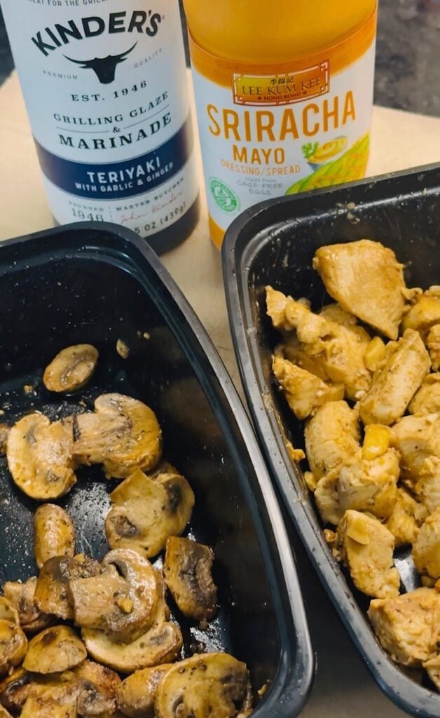meal prepped chicken and sauces