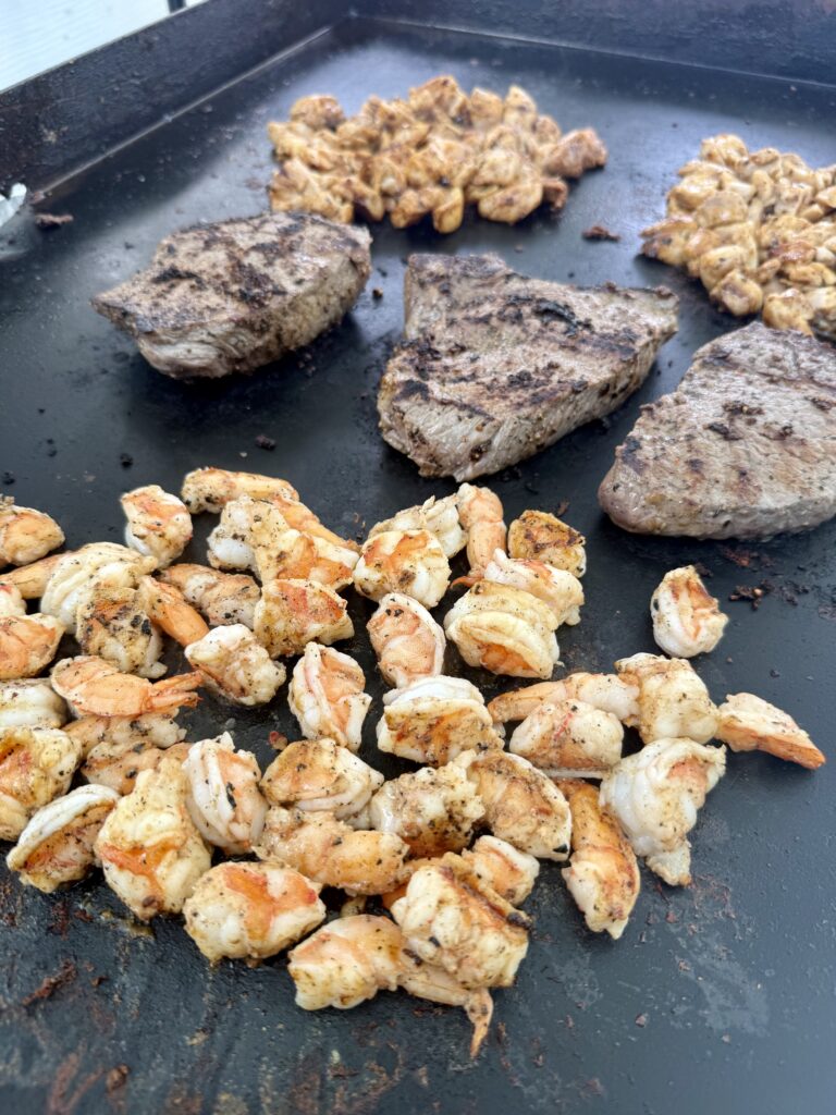 steak and shrimp on griddle