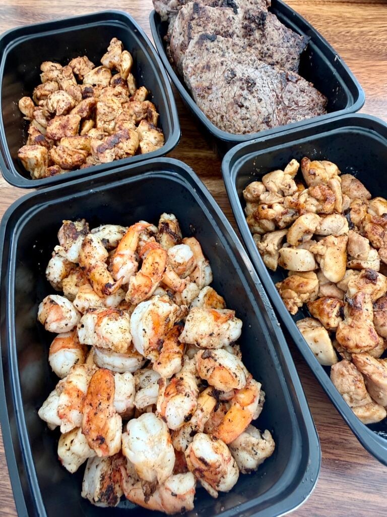 steak and shrimp packed up for meal prep
