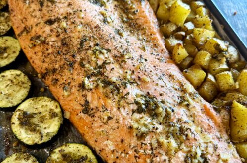 One Pan Salmon Potatoes and Zucchini