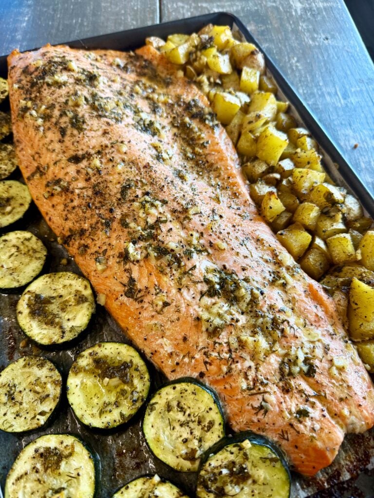 One Pan Salmon Potatoes and Zucchini