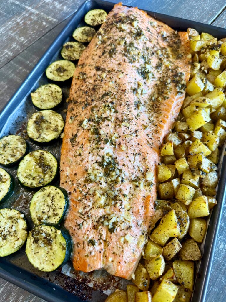One Pan Salmon Potatoes and Zucchini