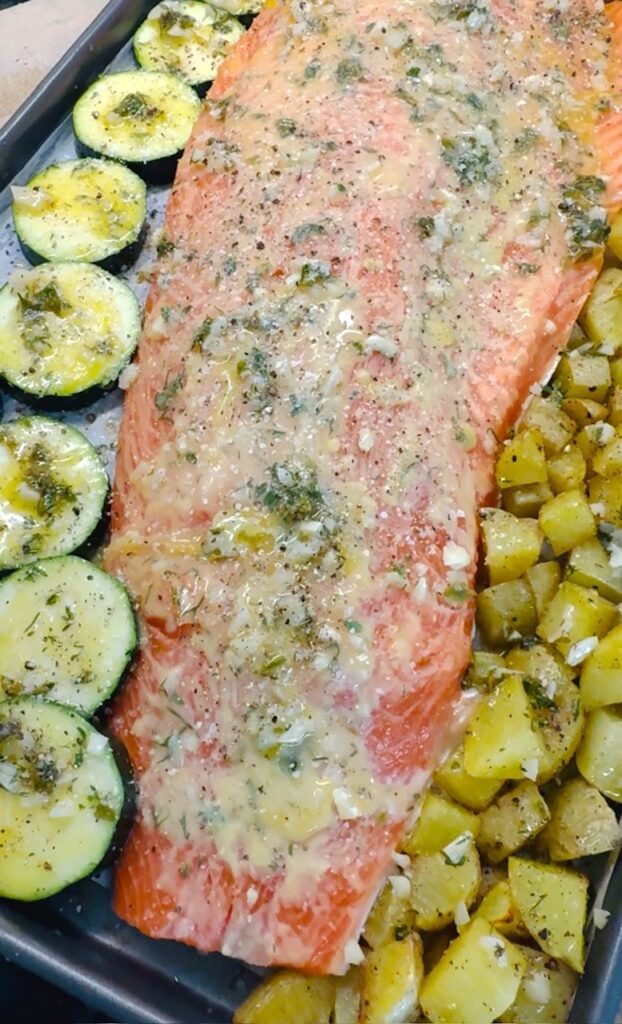One Pan Salmon Potatoes and Zucchini
