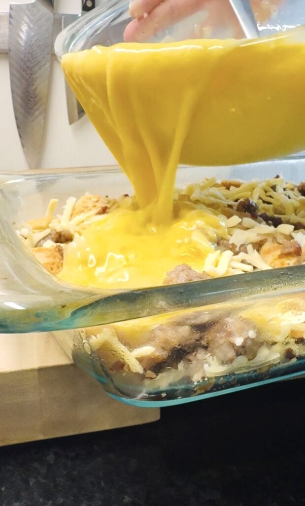 pouring eggs into casserole dish