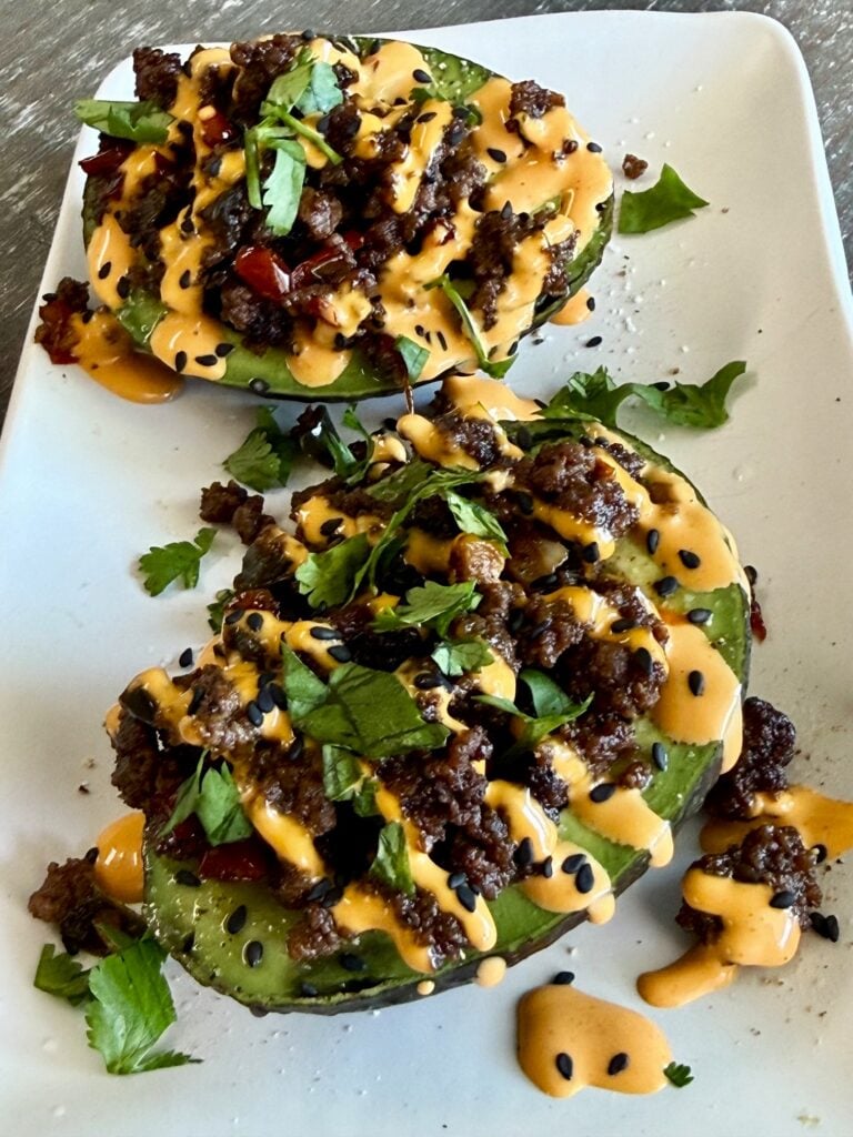 Chili Sesame Beef Stuffed Avocados