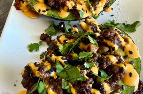 Chili Sesame Beef Stuffed Avocados